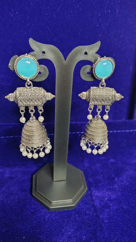 Turquoise Stone Oxidized Jhumka Earrings with Pearl Drops - View 1
