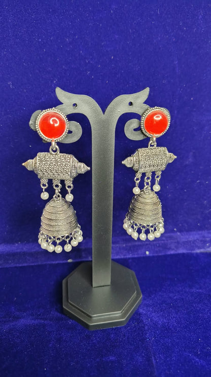 Red Stone Oxidized Jhumka Earrings with Pearl Drops - View 2