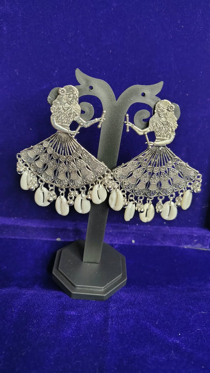 Garba Dandiya Girl Oxidized Earrings with Cowrie Shells - Side View