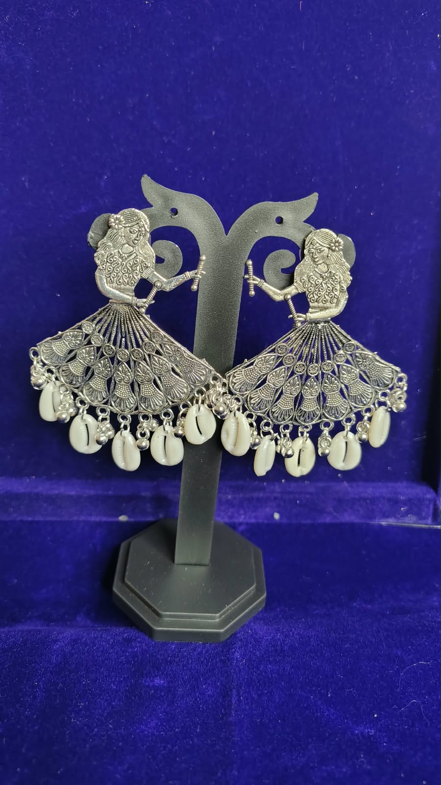 Garba Dandiya Girl Oxidized Earrings with Cowrie Shells - Front View