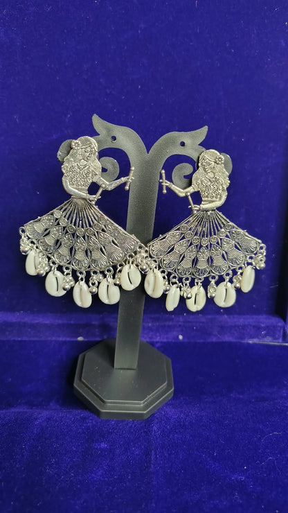 Garba Dandiya Girl Oxidized Earrings with Cowrie Shells - Front View