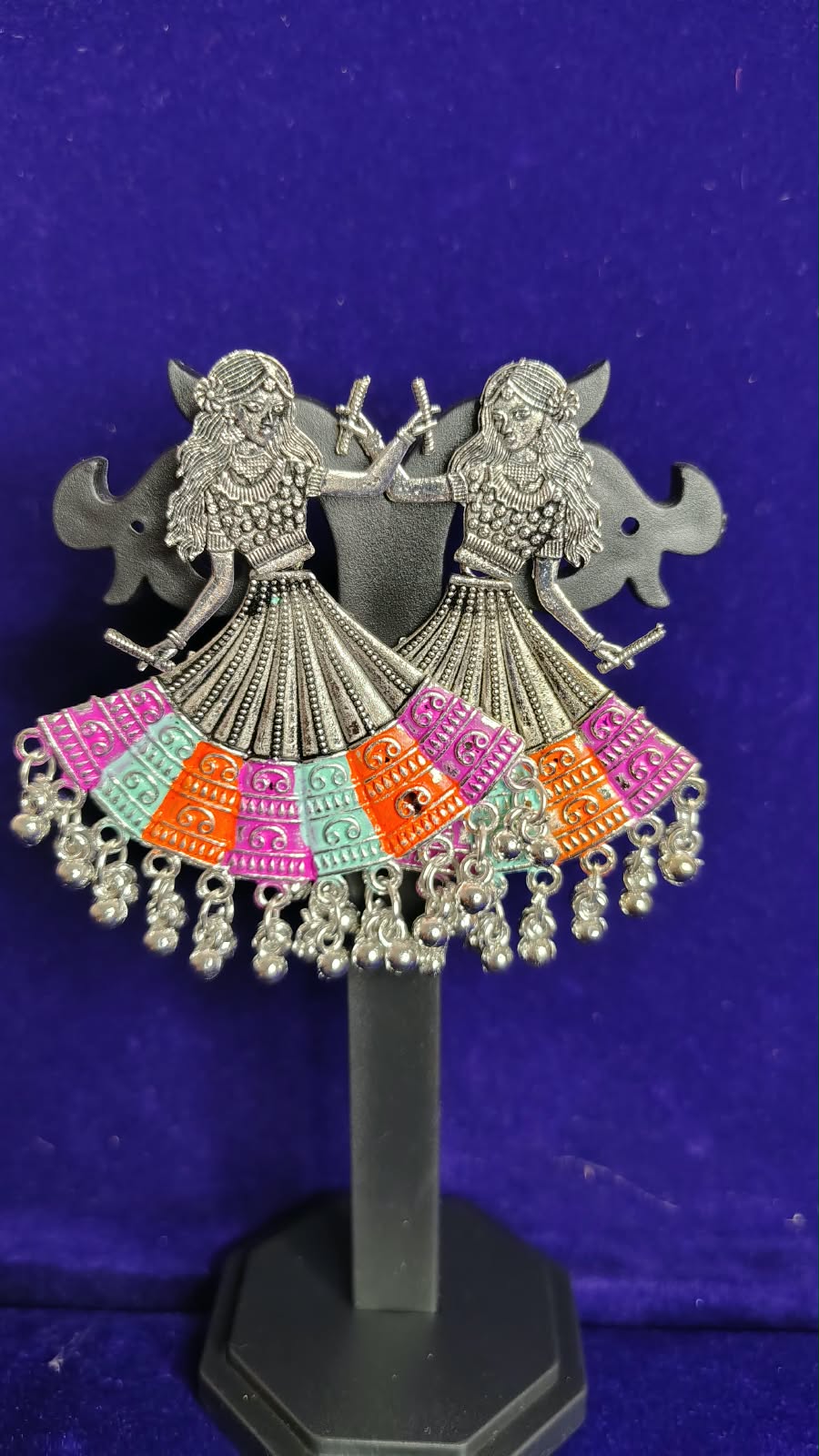 Dandiya Dancer Oxidized Earrings flat lay showing multicolor meenakari work