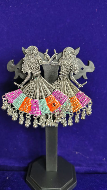 Dandiya Dancer Oxidized Earrings flat lay showing multicolor meenakari work
