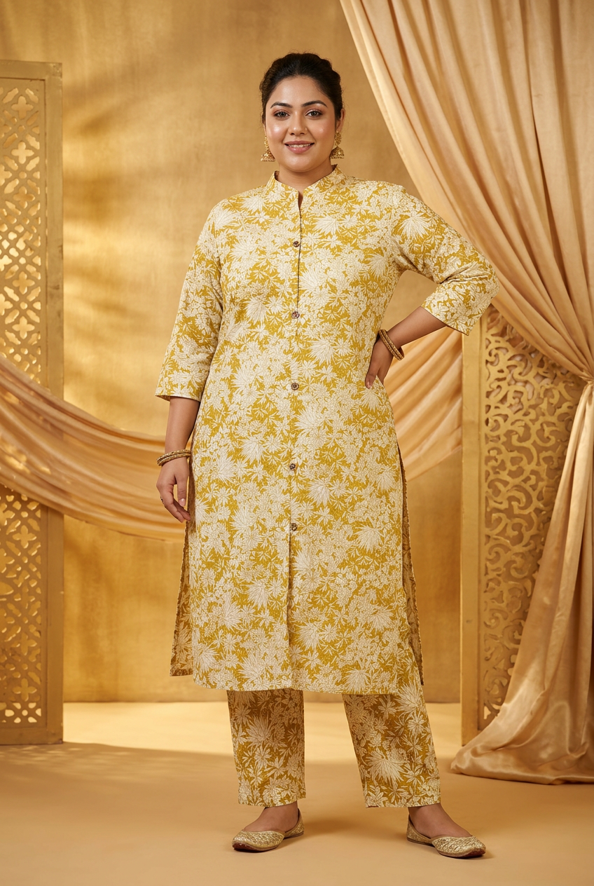 Model wearing Yellow Mustard Floral Coord Set - Hero Image