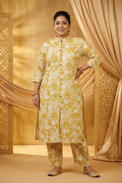 Model wearing Yellow Mustard Floral Coord Set - Hero Image
