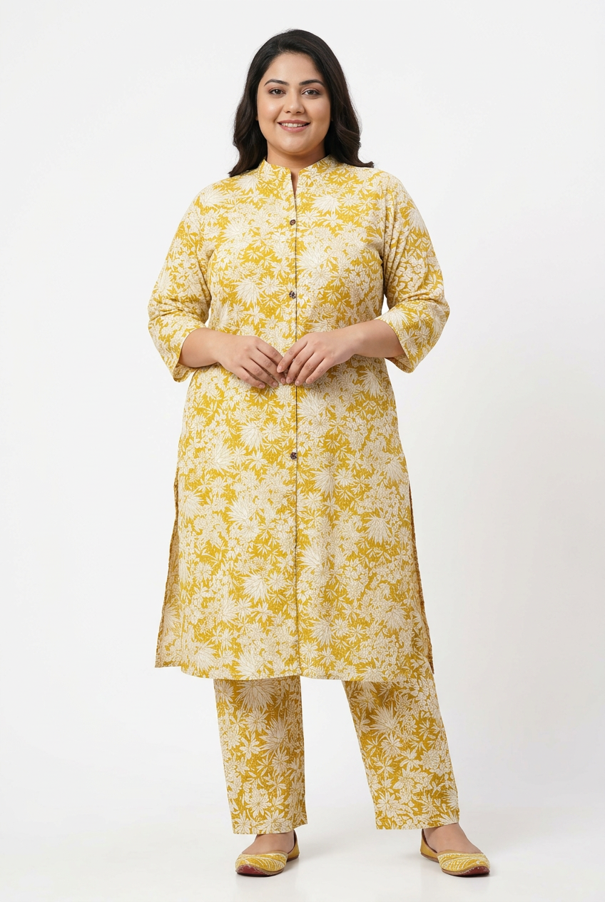 Front View - Yellow Floral Coord Set Plus Size 6XL