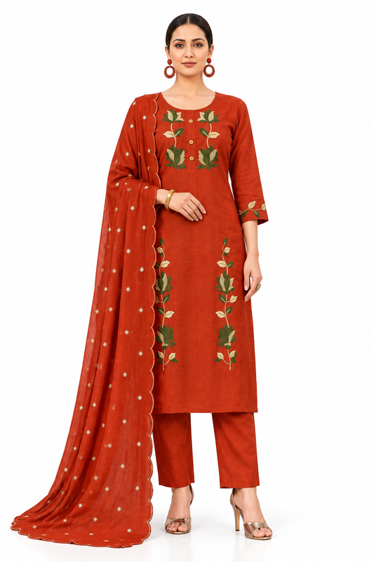 Mull Chanderi Rust Suit Front View