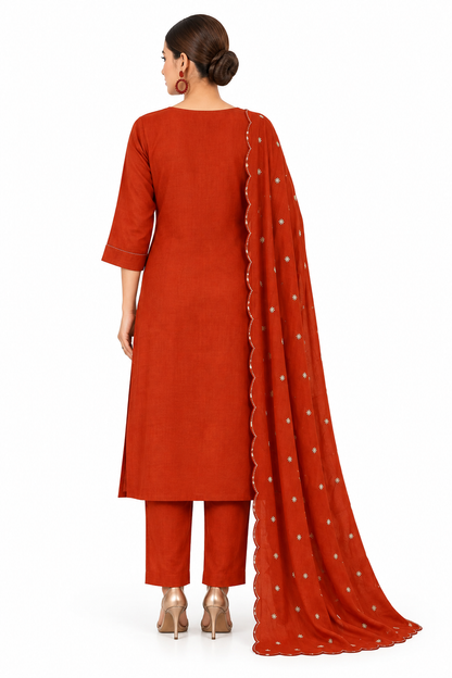 Mull Chanderi Rust Suit Back View