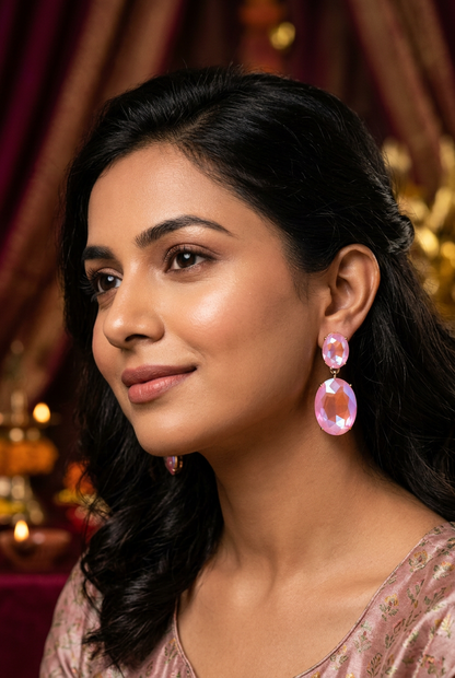Pink Crystal Drop Earrings - Model Wearing