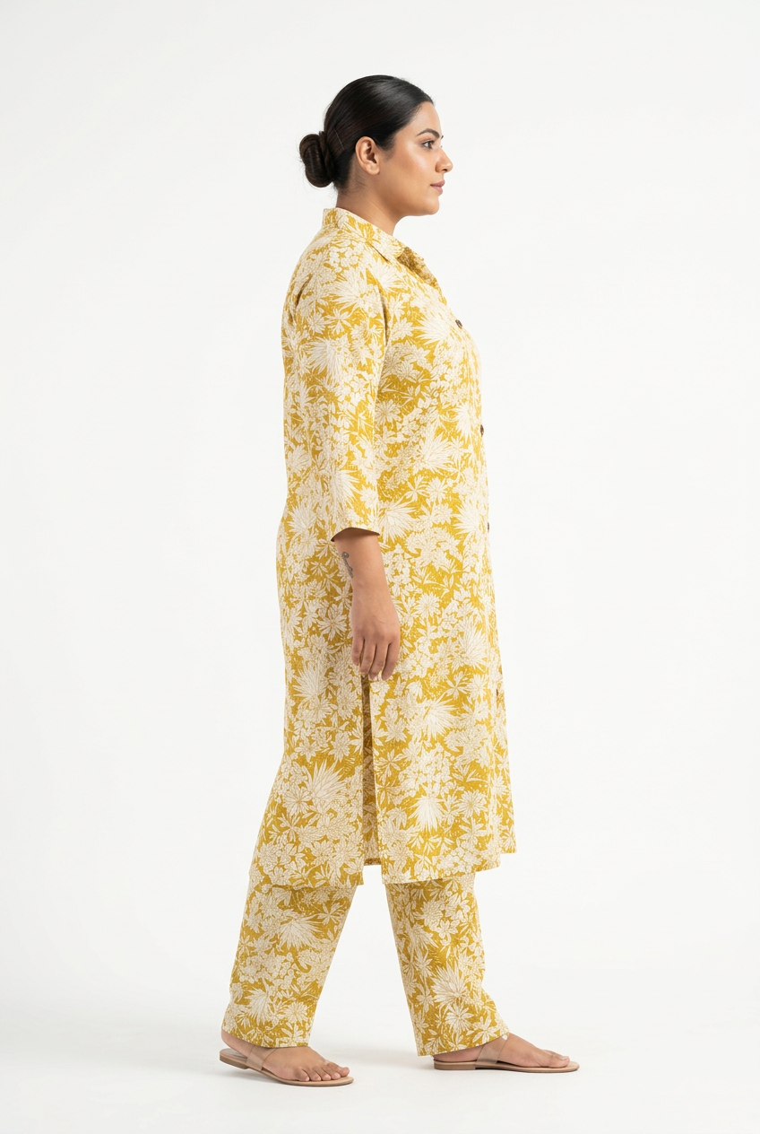 Side View - Yellow Floral Coord Set Plus Size 6XL