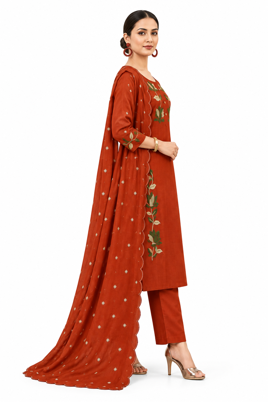 Mull Chanderi Rust Suit Side View